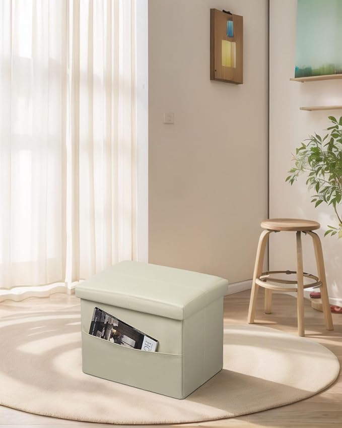 AmasSmile Storage Ottoman Folding Foot Rest Stool with Side Pocket, 16 inch Leather Footstool Bench, Short Ottoman Bench, Storage Foot Rest Store, Books (Beige-2)-NeatNest