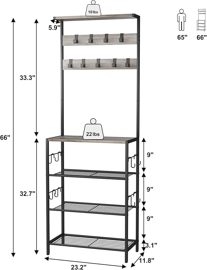 HOMEFORT Coat Rack with Shoe Storage, 5-Tier Shoe and Coat Rack with 9 Clothes Hooks, Freestanding Hall Tree Organizer for Entryway, Bedroom,Grey