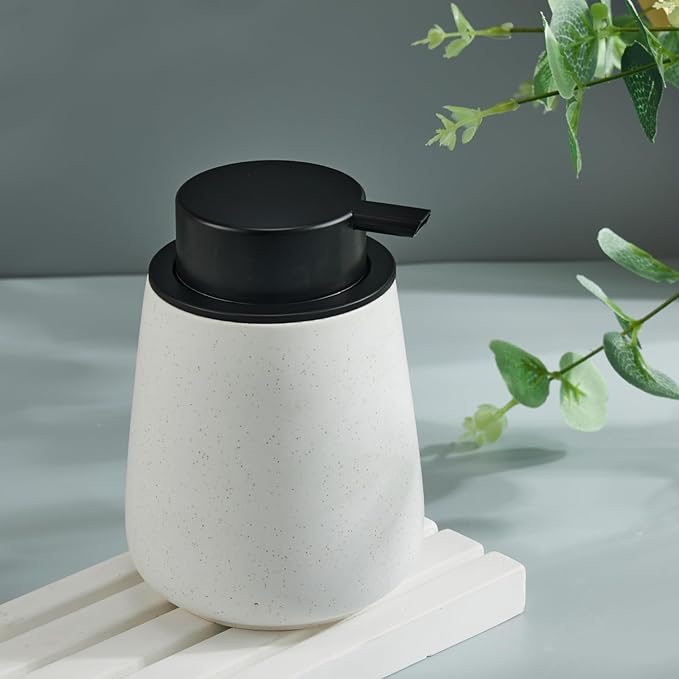 12Oz Foaming Soap Dispenser - Ceramic Foam Hand Soap Dispenser with Easy-to-Press Black Pump, Reusable and Refillable Lotion Dish Soap Dispensers for Bathroom & Kitchen, Speckled Matte White-NeatNest