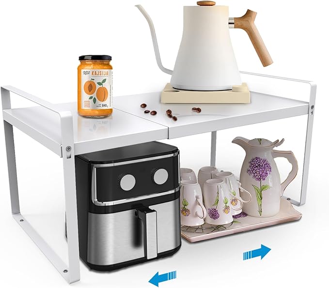 11'' Wide Expandable Cabinet Shelf Organizer Rack Adjustable Length 14''-26'' Pantry Shelf Spice Rack Heavy Duty Nonslip Kitchen Counter Storage Shelves Pantry Cupboard Under Sink Countertop, White-NeatNest