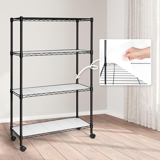 CAPHAUS NSF Adjustable Shelves Metal Wire Shelving Unit w/Liners, Kitchen Storage Shelving, Metal Steel Storage Shelving, Garage Shelving Storage Organizer, Utility Shelf, 4-Tier W/Wheels, Black-NeatNest