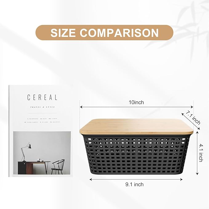 6-Pack Small 5 Qt Stackable Storage Bins with Bamboo Lids - Decorative Cute Plastic Baskets Boxes Containers with Labels for Organizing Shelves, Classroom, Closet, Desktop, Office - Black-NeatNest