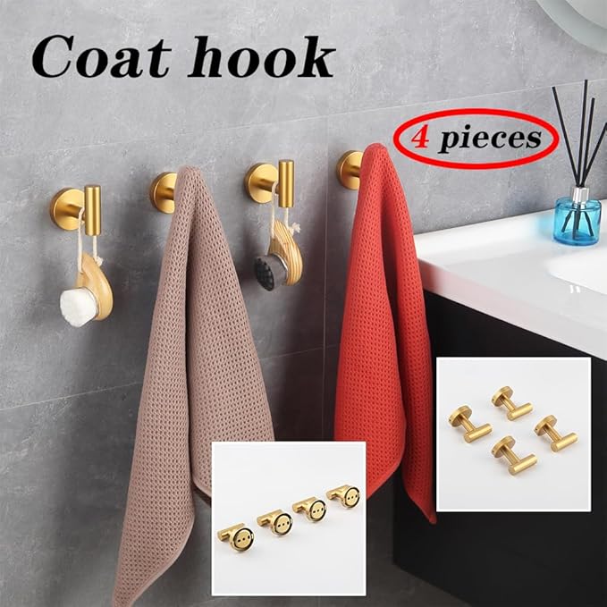 GERZWY Gold Stainless Steel Towel Hook Wall Mounted Robe Hook Heavy Duty Coat Hook Luxury Hooks for Bathroom Hotel 4 Pack AG1307B-BE