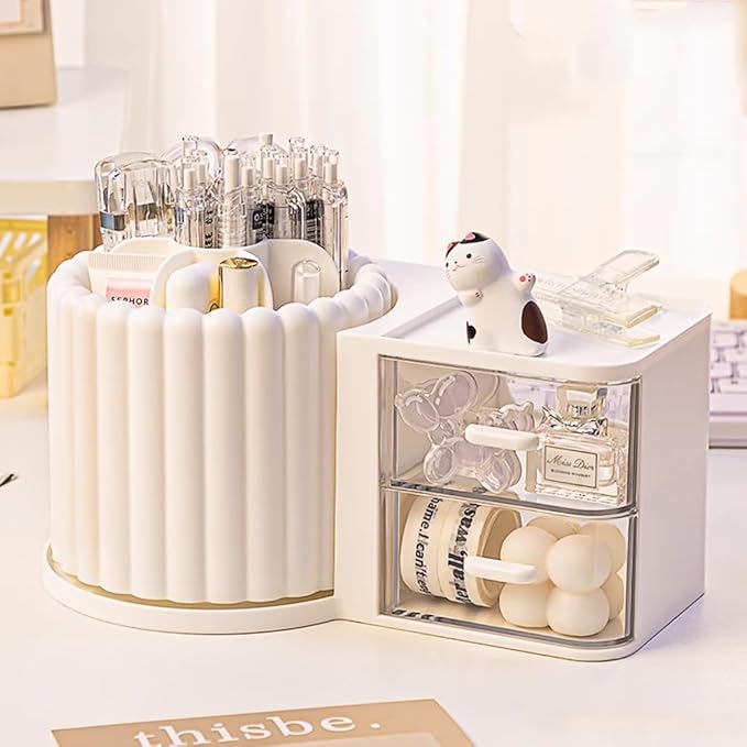 Makeup Organizer Countertop,360 Rotating Makeup Brush Holder with 2 Drawer Organizer, Small Preppy Kids Desk Organizer|9.25x5.11inch|White-NeatNest