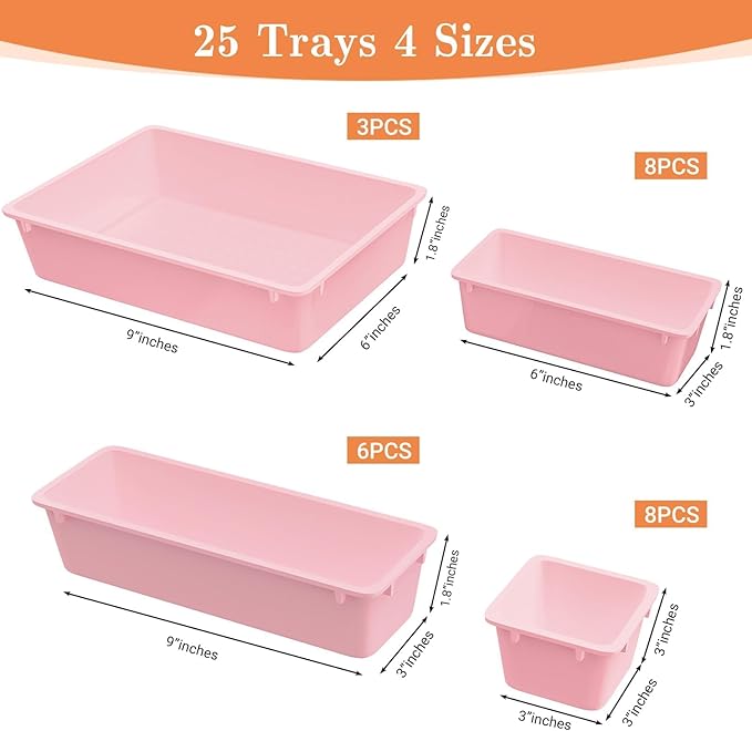 25 PCS Plastic Drawer Organizer Set, 4-Size Versatile Organizer Trays & storage Bins for Makeup, Jewelry, and Gadgets in Bathroom, Bedroom and Office, Pink-NeatNest