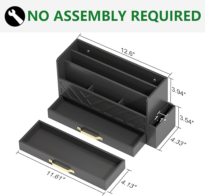 Bamboo Desk Organizer Mail Holder Countertop Wood Desk Drawer Tabletop Storage Box Pen Holder Letter Sorter Makeup Organizer for School Home Office Supplies with Pen Holder Black-NeatNest