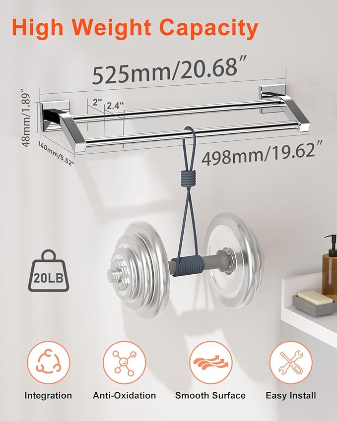 Alise Bath Double Towel Bars Towel Racks for Bathroom Lavatory,Wall Mount Towel Holder Heavy Duty SUS304 Stainless Steel Towel Hanger Towel Rail,Polished Chrome,20 Inch