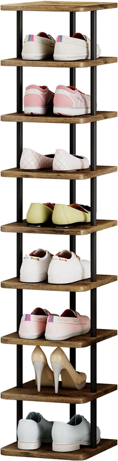 AZERPIAN Shoe Rack 9 Tier Vertical Storage Organizer Narrow Metal Slim Shelf Modern Free Standing Shoe Tower Saving Space for Closet Entryway Bedroom,Black+Rustic Brown-NeatNest