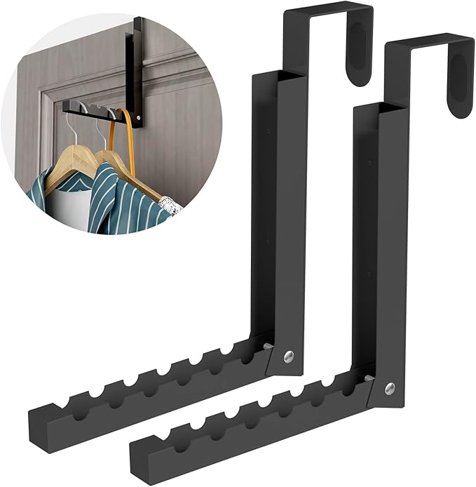 Over The Door Hanger Folding Clothes Drying Rack, Folding Hanging Coat Rack for Indoor Laundry Room Compact Small Space Foldable Portable Clothing Hanger Hook Collapsible- 2 Pack（Black）