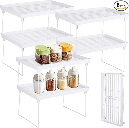 Homaisson 6 PCS Cabinet Storage Shelf Rack, Foldable Cabinet Organizer Shelf, White Stackable Plastic Kitchen Storage shelves Foldable Rack for Kitchen, Fridge, Bathroom-NeatNest