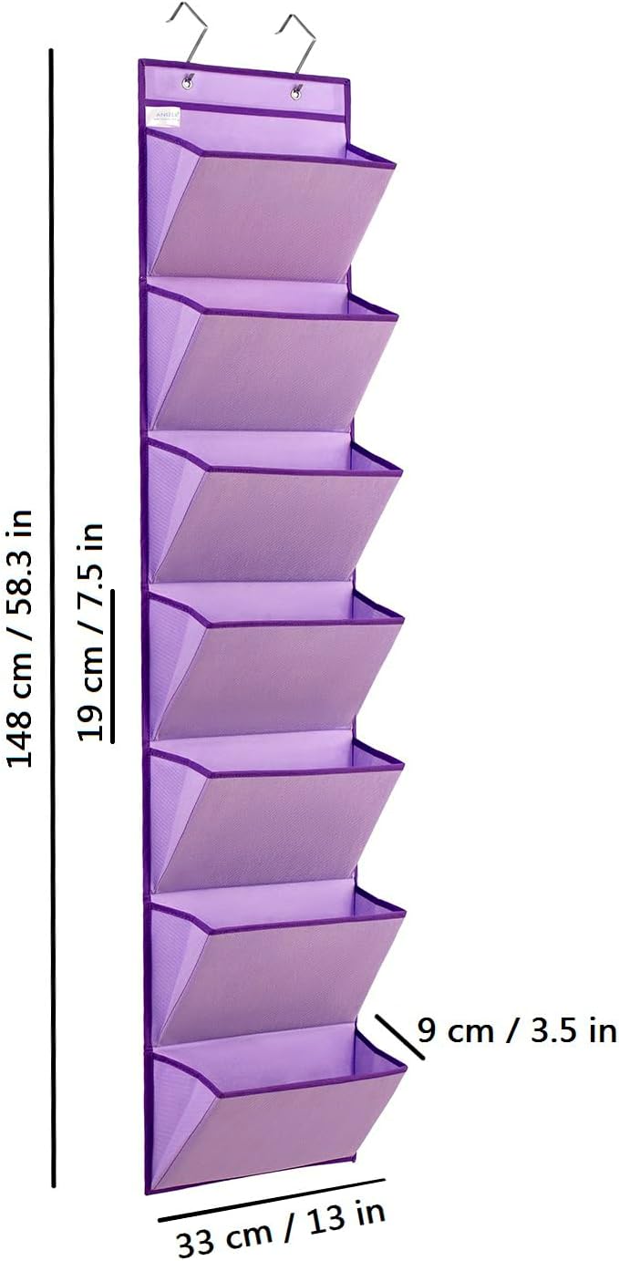 Wall Mounted File Holder Over Door Hanging Mail Organizer Document Storage Bag for Papers Magazines and Books (7 POCKETS-PURPLE)-NeatNest