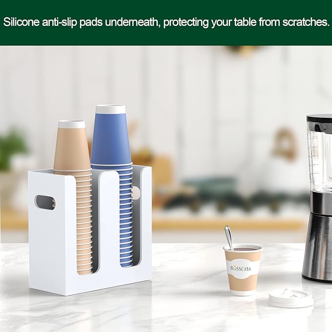 Disposable Coffee Cup Dispenser with Handles, Countertop or Wall Mount Hot/Cold Drink Cup and Lid Holder - Bathroom/Kitchen/Office Acrylic Cup Lid Storage Organizer (2 Compartments, White)-NeatNest