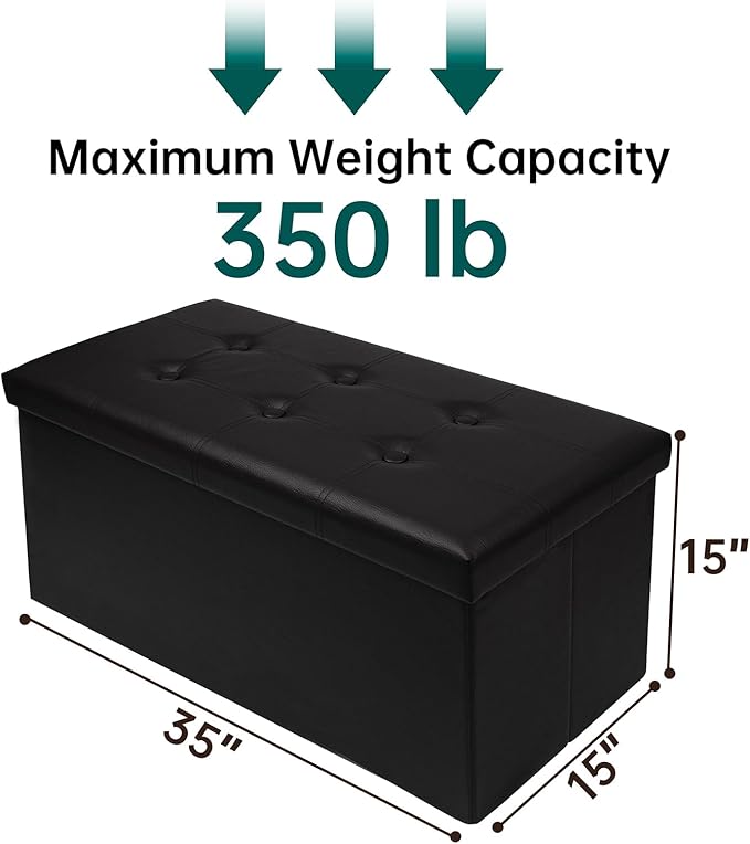 30 Inches Folding Storage Ottoman Bench, Faux Leather Footrest Ottoman, Storage Trunk Footrest for Bedroom, Living Room and Hallway, Support 350lbs, Black Black line