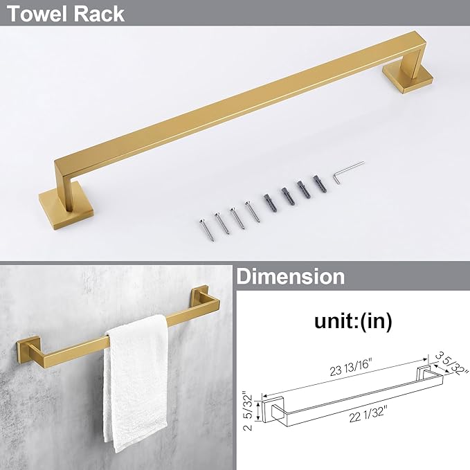 Bagnolux 22 Inch Gold Bathroom Accessories, Gold Towel Rack for Bathroom Wall Mounted Towel Bar, Heavy Duty Modern Brushed Brass Towel Holder Wall Single Towel Rod (Total Length 23.6-Inch)