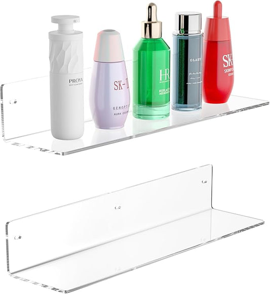 16 Inches Clear Acrylic Shelves, Wall Mounted Organizer Shelves for Bedroom, Clear Wall Storage Shelves for Cosmetics, Skincare, Router, Doll, Toiletries, Helmets, 2 Pack-NeatNest