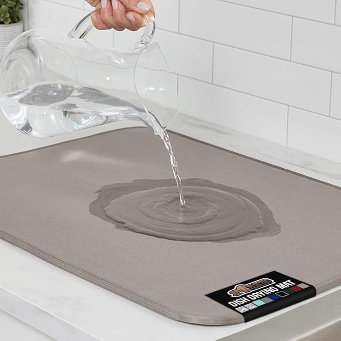 GORILLA GRIP Ultra Water Absorbent Microfiber Dish Drying Mat, Quick Dry Thick Mesh, Slip Resistant Pad for Sink Dishes or Under Rack, Kitchen Counter Accessories, 16x18, Machine Wash Mats, Almond