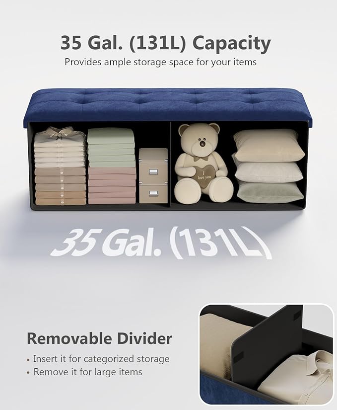 Folding Storage Ottoman Bench, Multi-Functional Ottoman Footrest, End of Bed Bench, Storage Chest for Living Room, Bedroom, Hallway, Entryway, Holds Up to 700 lbs (Navy Blue, 43 Inches)