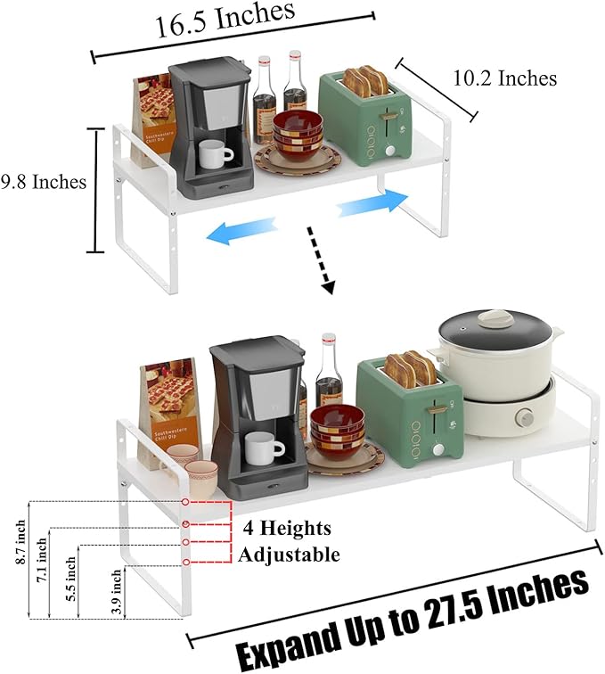 Expandable Kitchen Cabinet Shelf Organizers, Stackable Metal Pantry Storage Shelves Rack, Adjustable Counter Spice Shelf for Cabinets, Countertop, Cupboard Organizers and Storage, White-NeatNest
