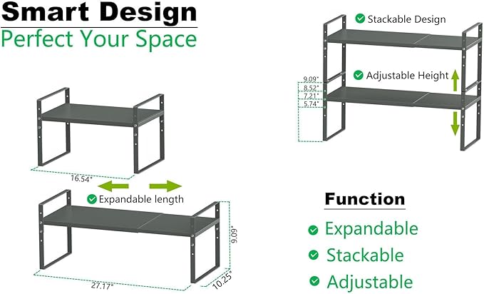 Expandable Stackable Spice Rack Cabinet Shelf Organizer in Cabinets Shelves Kitchen Cupboard Organization Stack up Racks Pantry Countertop Storage (Gray, Large 2 Packs)