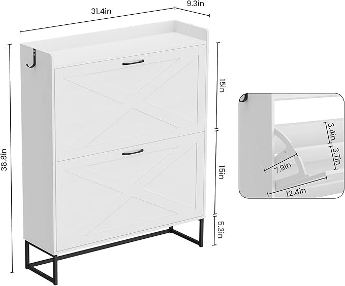 Shoe Cabinet with 2 Flip Drawers, Freestanding Shoe Organizer with Removable Hooks, Narrow Shoe Rack Cabinet for Entryway, Hallway, Living Room, White