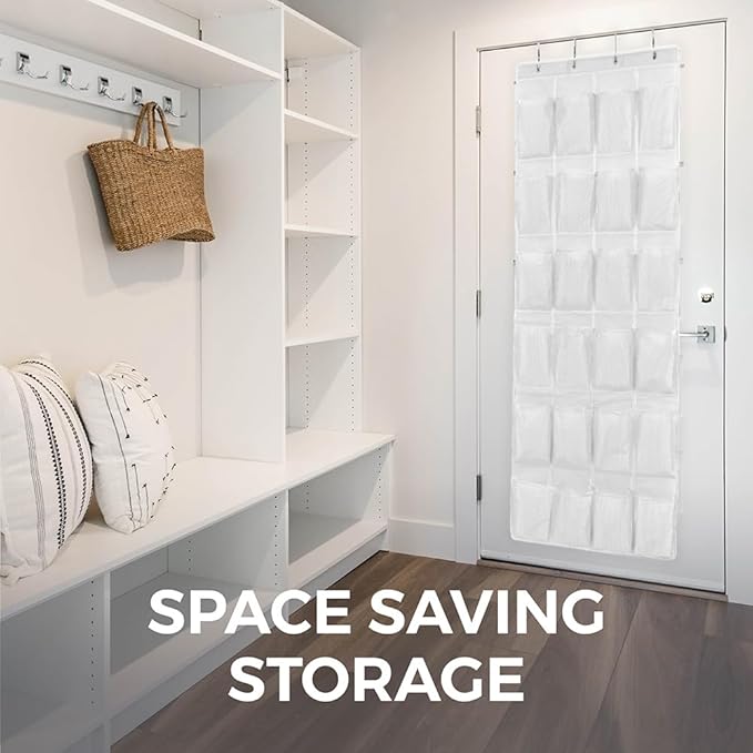 HOME GENIE Over the Door Hanging Shoe Organizer, 24 Breathable Mesh Pockets, Closet Rack Storage Holder, Stay in Place Hooks Hang on Closets, Hanger Holds Up to 40 lbs for Shoes, Accessories, White-NeatNest