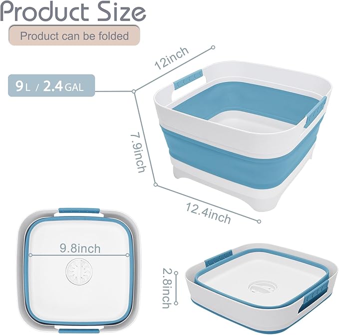 2.4 Gal Collapsible Wash Basin with Drain Plug, Space-Saving Portable Wash Tub, 9L Dish Pan for Soaking Baby Bottles and Pump Parts, Versatile Dish tub for Kitchen, RV, Outdoor Camping Sink (Blue)-NeatNest