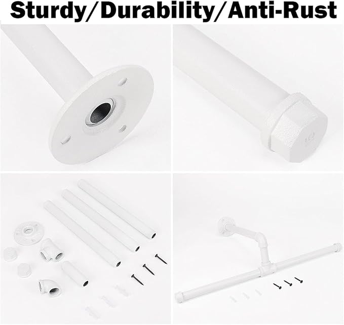 Industrial Pipe Clothes Rack Floating DIY Wall Mounted, Heavy Duty Rustic Vintage Clothing Rod, Metal Garment Bar Space-Saving Hanging for Bedroom, Bathroom and Laundry Room (White)-NeatNest