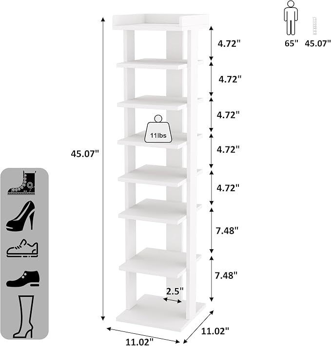 HOMEFORT 7-Tier Wood Shoe Rack, Entryway Shoe Tower,Vertical Shoe Organizer, Wooden Shoe Storage Stand, White-NeatNest