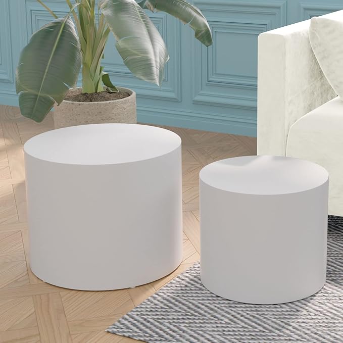 2-Piece Round Side Table Set, Modern Black Oak Accent Tables for Living Room and Bedroom, No Assembly End Tables, Minimalist Coffee Table Set for Small Spaces(White)