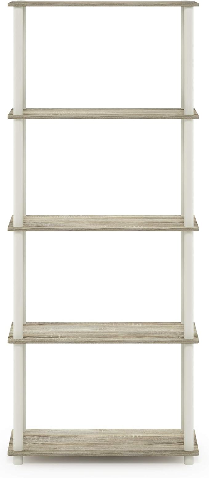 Furinno Turn-N-Tube 5-Tier Multipurpose Shelf / Display Rack / Storage Shelf / Bookshelf, Round Tubes, Sonoma Oak/White-NeatNest