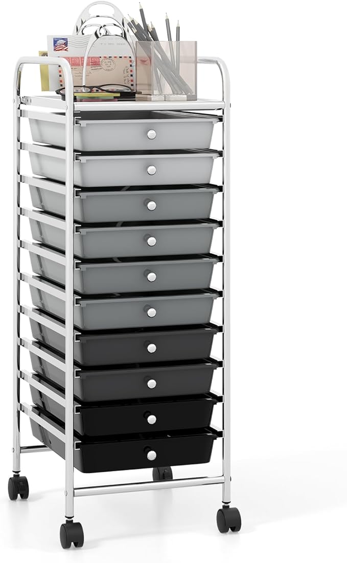 COSTWAY 10-Drawer Rolling Storage Cart, Utility Mobile Trolley with Removable Drawers & Universal Casters & 2 Brakes, Versatile Flexible Drawer Organizer Cart for Home, Office, Mixed Black-NeatNest