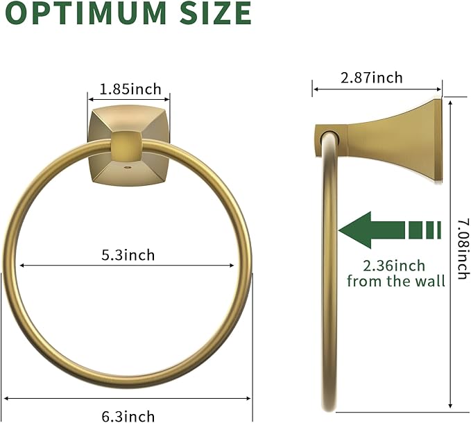 Hand Towel Holder for Bathroom Brushed Gold Towel Ring Stainless Steel and Zinc Alloy Towel Hanger Wall Mount for Bath, Kitchen, 2 Pack