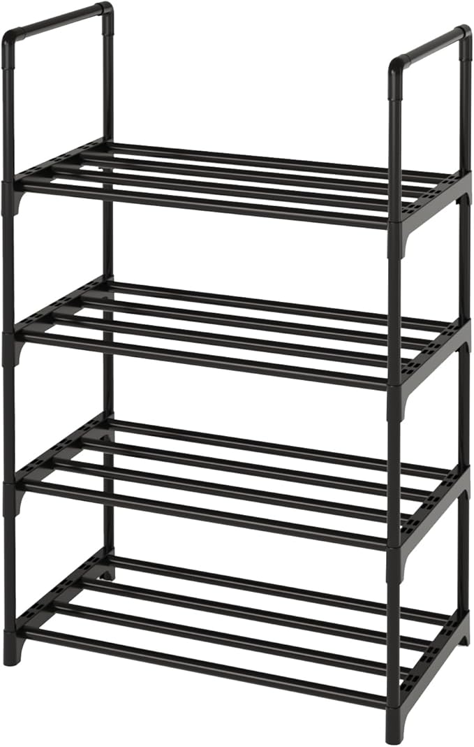 Metal Stackable Small Shoe Rack Organizer, Narrow Shoe Racks for Closets Entryway, Shoe Stand,Shoe Shelf with Handle(4-Tier-Black)-NeatNest