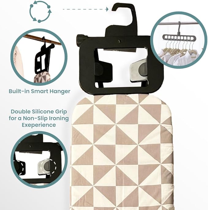 Ironing Board with Hanger, Adjustable Height & Safety Stand for Small Spaces