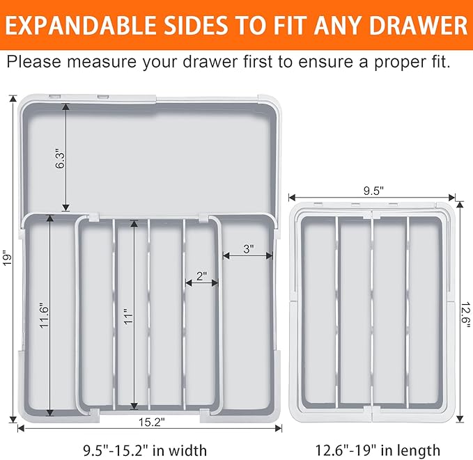 Expandable Silverware Drawer Organizer BPA Free Cutlery Organizer Small Utensil Organizer for Kitchen Drawers Adjustable Spoons Forks Knives Storage Divider, Gray-NeatNest