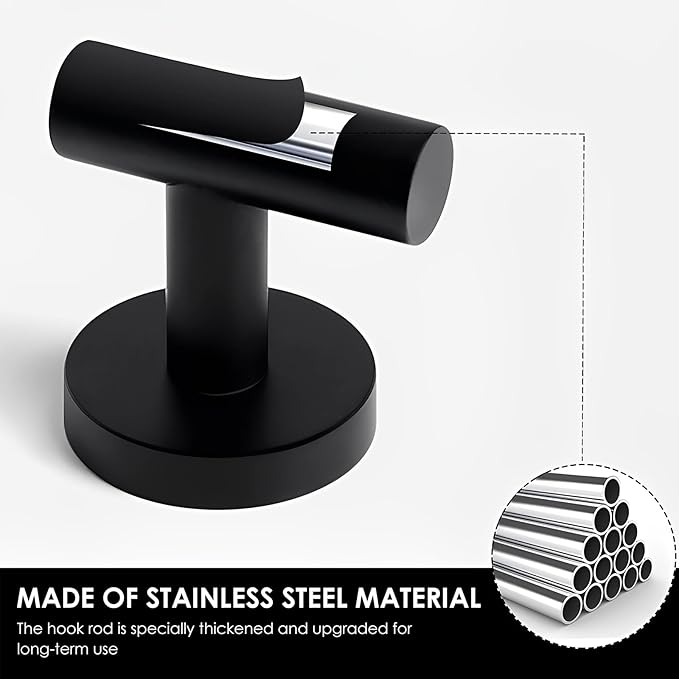 4PCS Bathroom Towel Hook, Black Coat Robe Hook Matte Black, Stainless Steel Wall Hook for Bathroom Bedroom Kitchen Cabinet Closet Hotel, Heavy Duty Drill-Installed Door/Wall Hanger