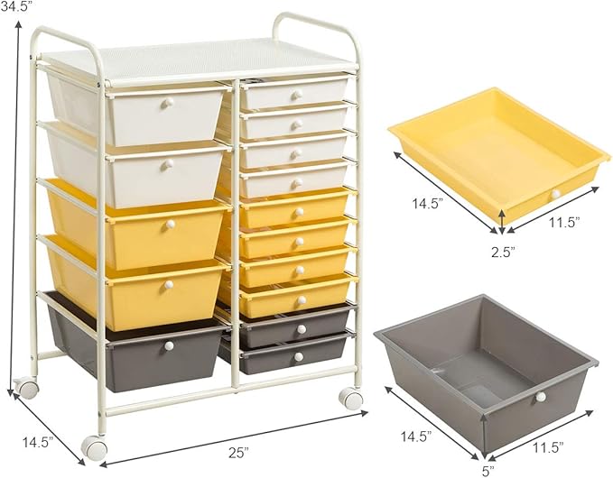 Giantex 15-Drawer Organizer Cart Office School Storage Cart Rolling Drawer Cart for Tools, Scrapbook, Paper (Yellow)