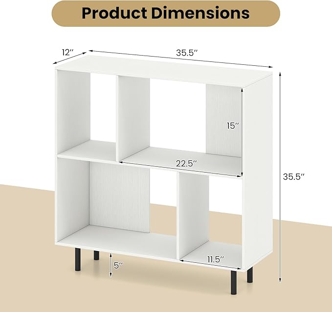 4 Cube Bookcase, Wood Storage Organizer with 4 Metal Legs, Bookshelf with Storage, Cubical Storage Shelf, Wooden Book Shelf, Display Shelves for Bedroom, Living Room, Entryway