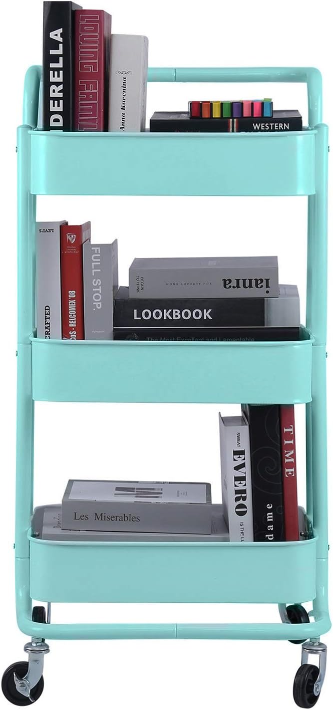 3-Tier Metal Mesh Rolling Cart Storage Organizer with Utility Handle and Wheels, Turquoise-NeatNest