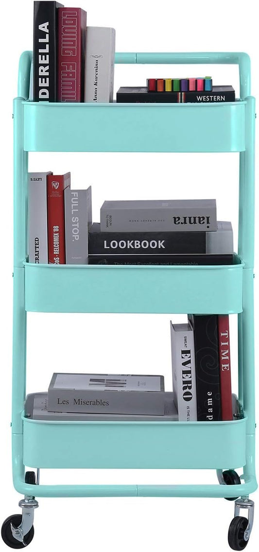 3-Tier Metal Mesh Rolling Cart Storage Organizer with Utility Handle and Wheels, Turquoise-NeatNest