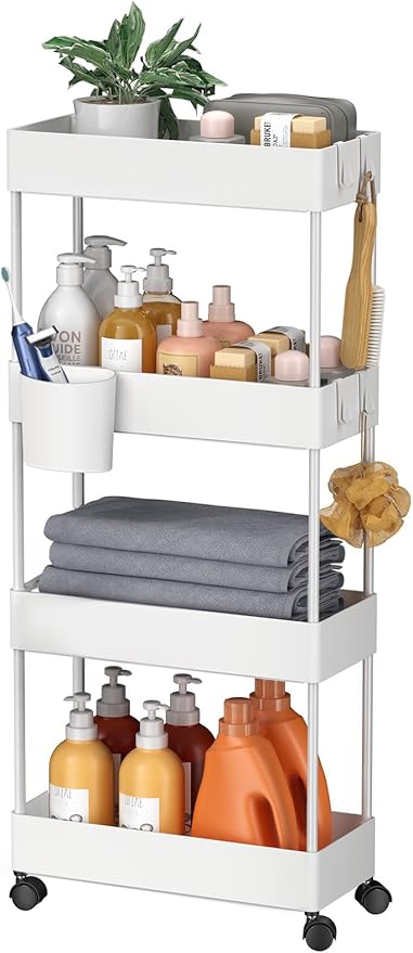 Pipishell Slim Storage Cart with Wheels, 4 Tier Bathroom Storage Organizer Rolling Utility Cart for Bathroom Kitchen Laundry Room Office Narrow Place (White)-NeatNest