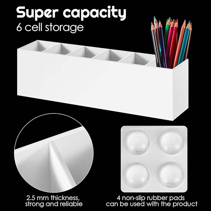 Jetec Acrylic Pen Holder 6 Compartments Makeup Brush Stationery Organizer Pencil Holder for Desk Accessories, Cosmetic Brushes, Dorm, Home, Bathroom, Kitchen, Office Supplies(White)-NeatNest
