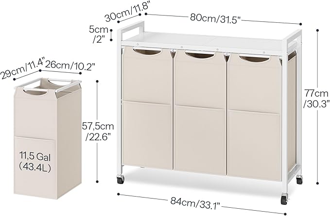 HOOBRO Laundry Sorter 3 Section, Laundry Hamper with Wheels, 3 × 11.5 Gal (43.4L), Rolling Laundry Basket, Pull-Out and Removable Oxford Fabric Bags, White WG76XY01-NeatNest