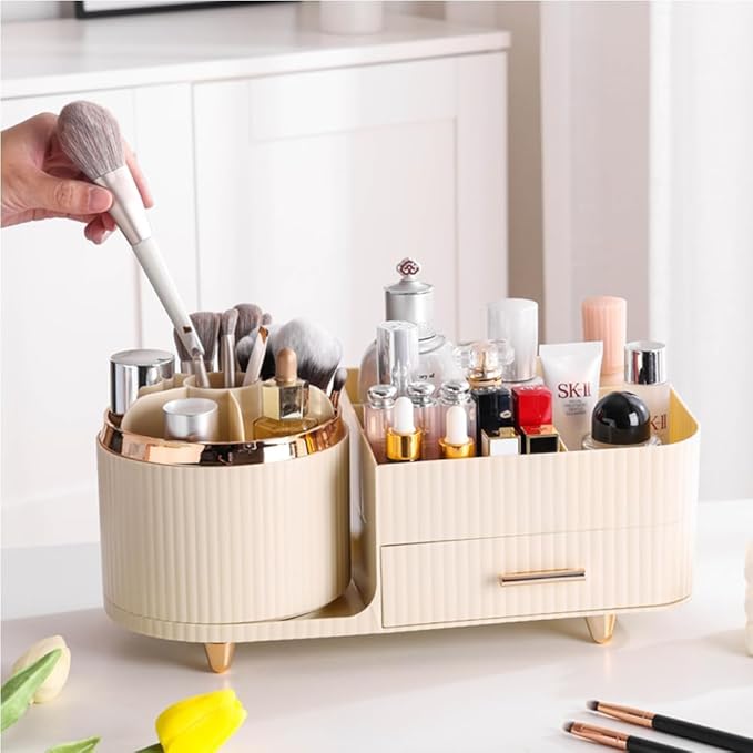 Makeup Organizer Countertop with Drawer 360 Rotating Brush Holder Storage Large Capacity Skincare Cosmetic Display Cases for Vanity Bathroom Desktop, Model 3016 Cream-NeatNest