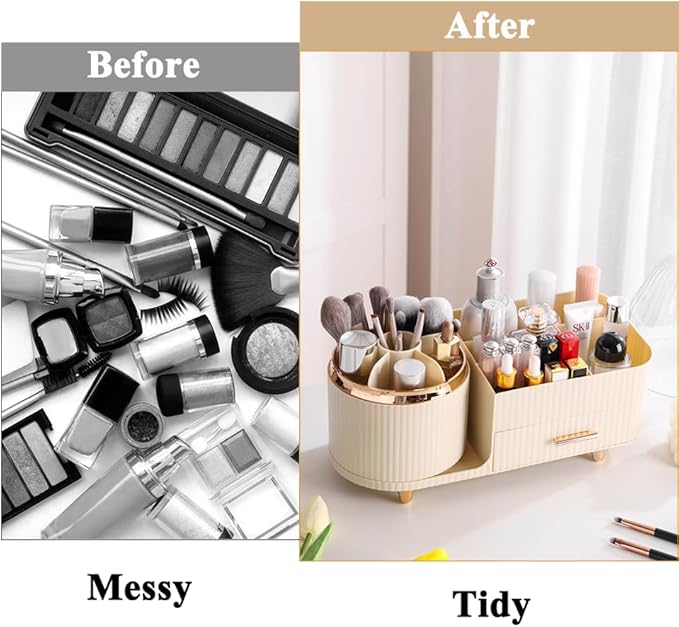 Makeup Organizer Countertop with Drawer 360 Rotating Brush Holder Storage Large Capacity Skincare Cosmetic Display Cases for Vanity Bathroom Desktop, Model 3016 Cream-NeatNest