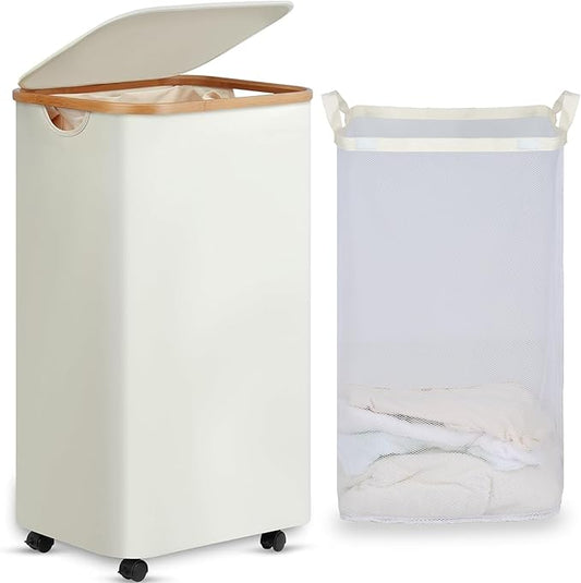 efluky Laundry Basket with Wheels, Tall Rolling Laundry Hamper with Lid and Removable Bag, Aesthetic Dirty Clothes Hamper on Wheels for Laundry Room, Bedroom, Dorm and Bathroom, 100L Beige-NeatNest