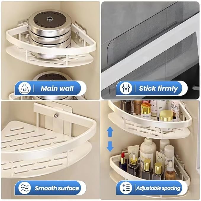 lanlord Wall Mounted Shower Organizer Corner Shower Caddy,2 Tier No Drilling Adhesive Shower Corner Shelf,Bathroom Shower Shelves Corner, with Hooks,Corner Shower Caddy Suction Cup,White （2LWAT