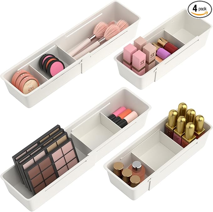 Desk Drawer Organizer Tray, 4 Pack Expandable Drawer Organizer with Dividers Adjustable, Bathroom Organizer Bins for Junk, Office, Makeup, Kitchen Utensil-NeatNest