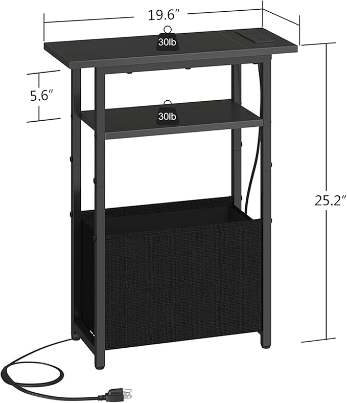 Narrow Side Table with Charging Station Set of 2, Small End Table for Small Spaces, Skinny Nightstands Set 2 with Storage Basket, 3 Tier Sofa Bedside Tables for Living Room,Bedroom, Black