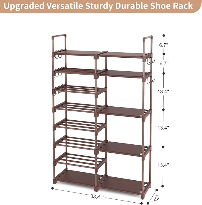 ROJASOP Shoe Rack Organizer, 8-Tier Metal Shoe Rack for Closet Entryway Garage, 26-32 Pairs Tall Shoe Boot Storage Shelf with 15 Hooks, Stackable Large Shoe Stand, Brown-NeatNest